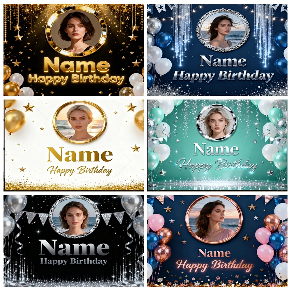 

Custom Name Photo Birthday Backdrop Black Gold Glitter Banner Party Decoration Photo Booth Background Milestone Birthday Banner