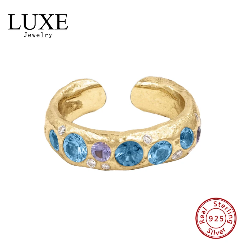 Vintage Trendy Fine Jewelry Designer Plata 925 Sterling Silver Anillos Blue and Purple Zircon Textured Opening Ring
