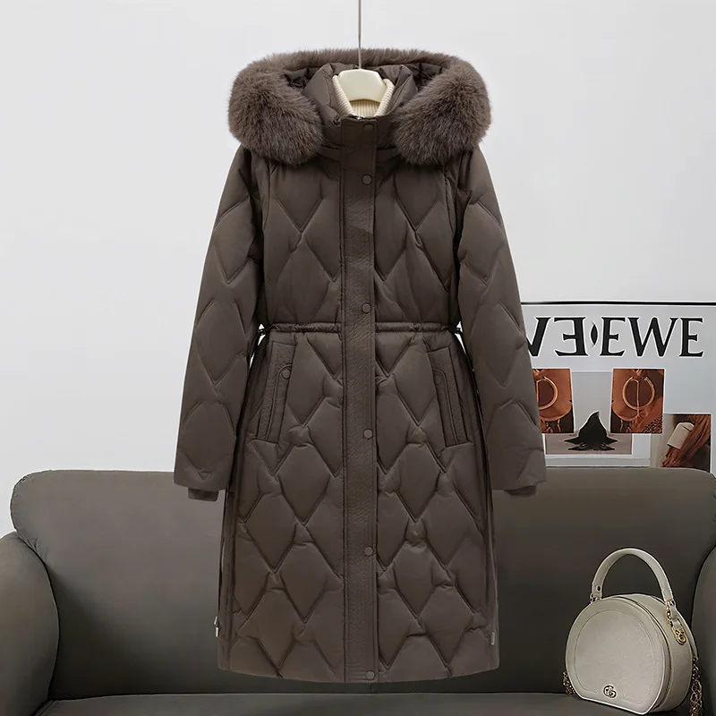 Großer Pelzkragen mit Kapuze, abnehmbares Fell, mittellanger, mit Baumwolle gefütterter Daunenmantel für Damen, Winter, verdickt, warm, winddicht, mit Baumwolle gefüttert