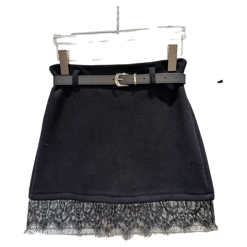 Thiened Fce ort Skirt with Belt Design Lace  for Women Winter New Sle Name Lady f Body Skirt A-Line Silhouette