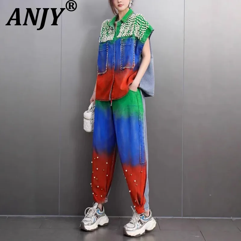 

ANJY Summer New Women Chic Denim Two-piece Set Beaded Short Sleeve Contrast Color Shirt Coat Patchwork Casual Trendy Pants A8788