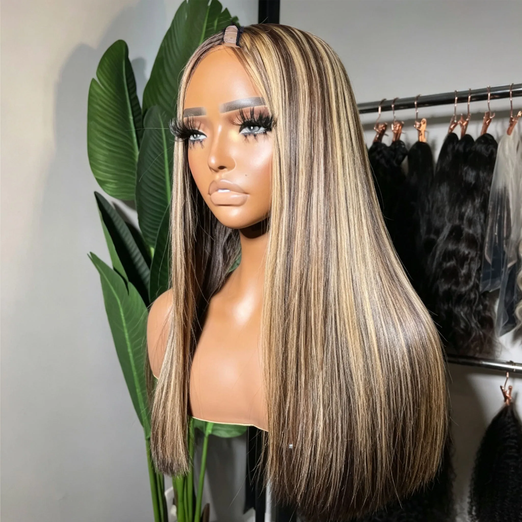 Honigblondes Balayage-Highlight Seidig Glattes Remy Indisches Echthaar 1x4 U-Teil-Perücke für Frauen Mittel-/Links-/Rechts-V-Teil-Optionen – Detail 3