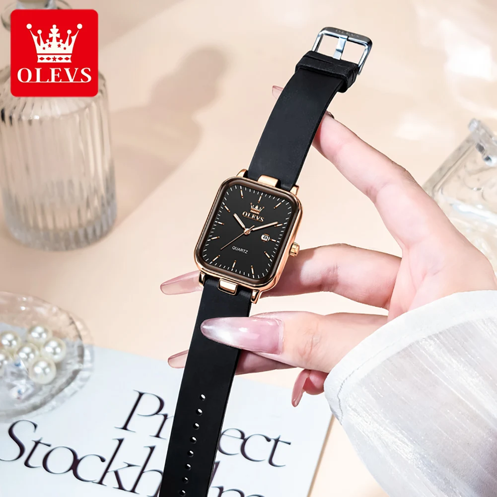 OLEVS 7089 Watch Woman Square Quartz Wristwatch Rubber Strap Waterproof Date Watches For Woman Original Elegant Set Gift Box