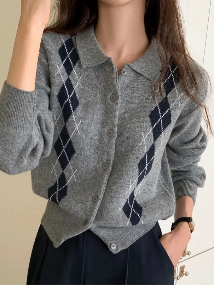 

Soft Cozy ort Knitted Cardigan Women's Faion College Sle Color Blo Diamond Pattern Button Sweater for Autumn 2025