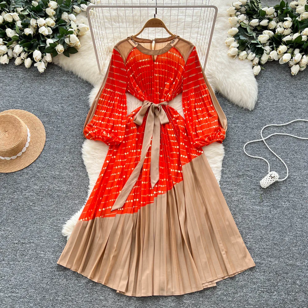 

Vintage Elegant Spliced print slim Dress Korean Fashion Long dress hotsweet Women Fashion Dresses