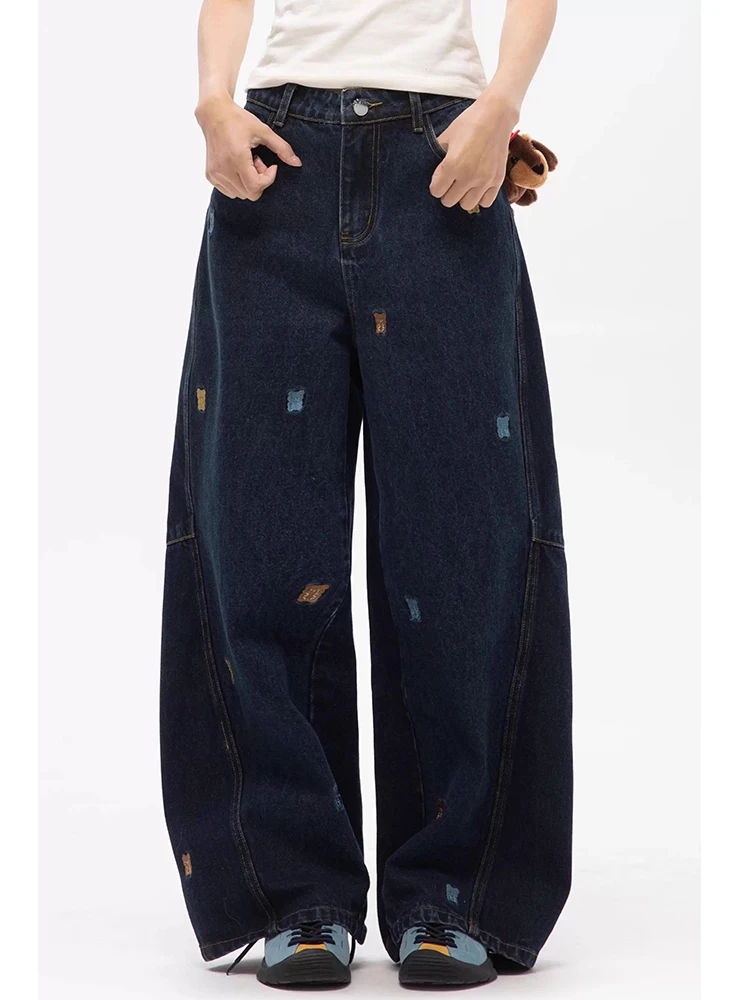 กางเกงยีนส์ขากว้างปักลายหมีน้อยสำหรับผู้หญิงเอวสูงทรงหลวมทรงตรงยาวถึงพื้น