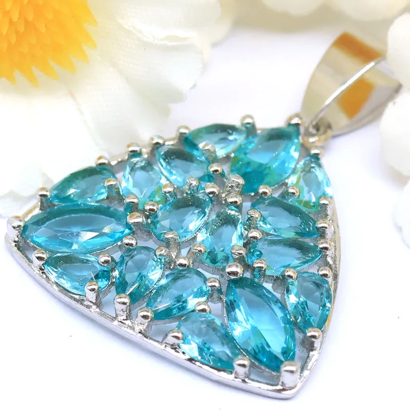 SheCrown Buy 4 Get 1 Free 31x23mm Eye Catching 2.8g Created Rich Blue Aquamarine White CZ Silver Plated Pendant