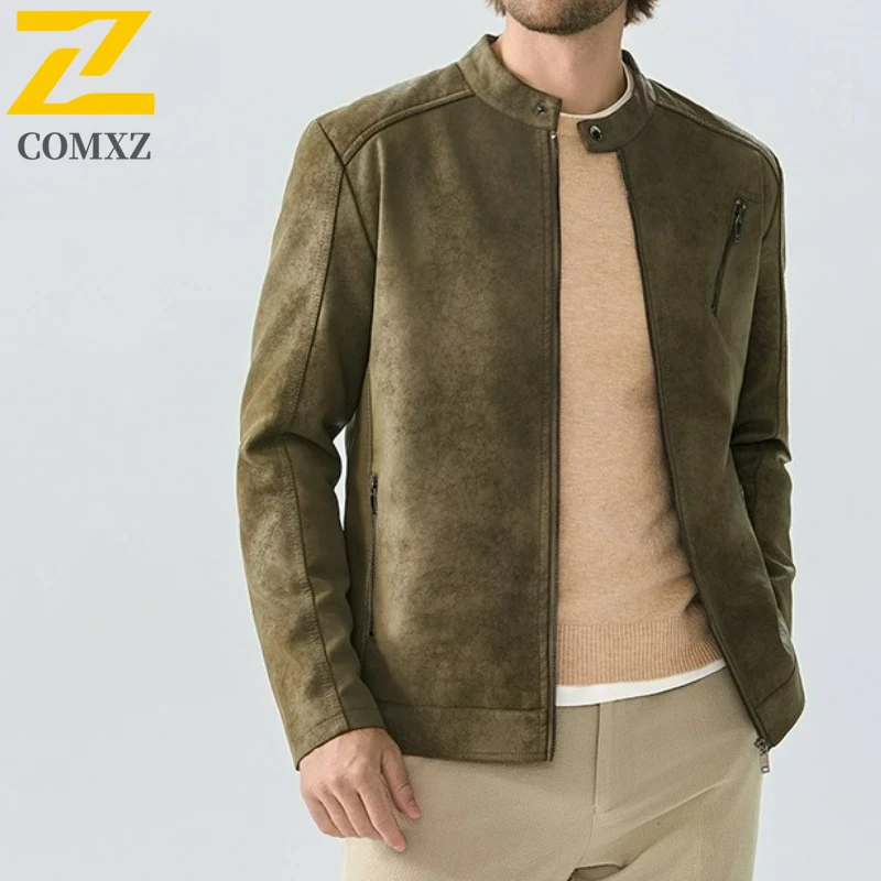 

COMXZ Motocross Suede Jacket Men Japanese Stand Collar Windproof Leather Jacket 2025 Autumn Bicycle Riding Work Leather Clothes
