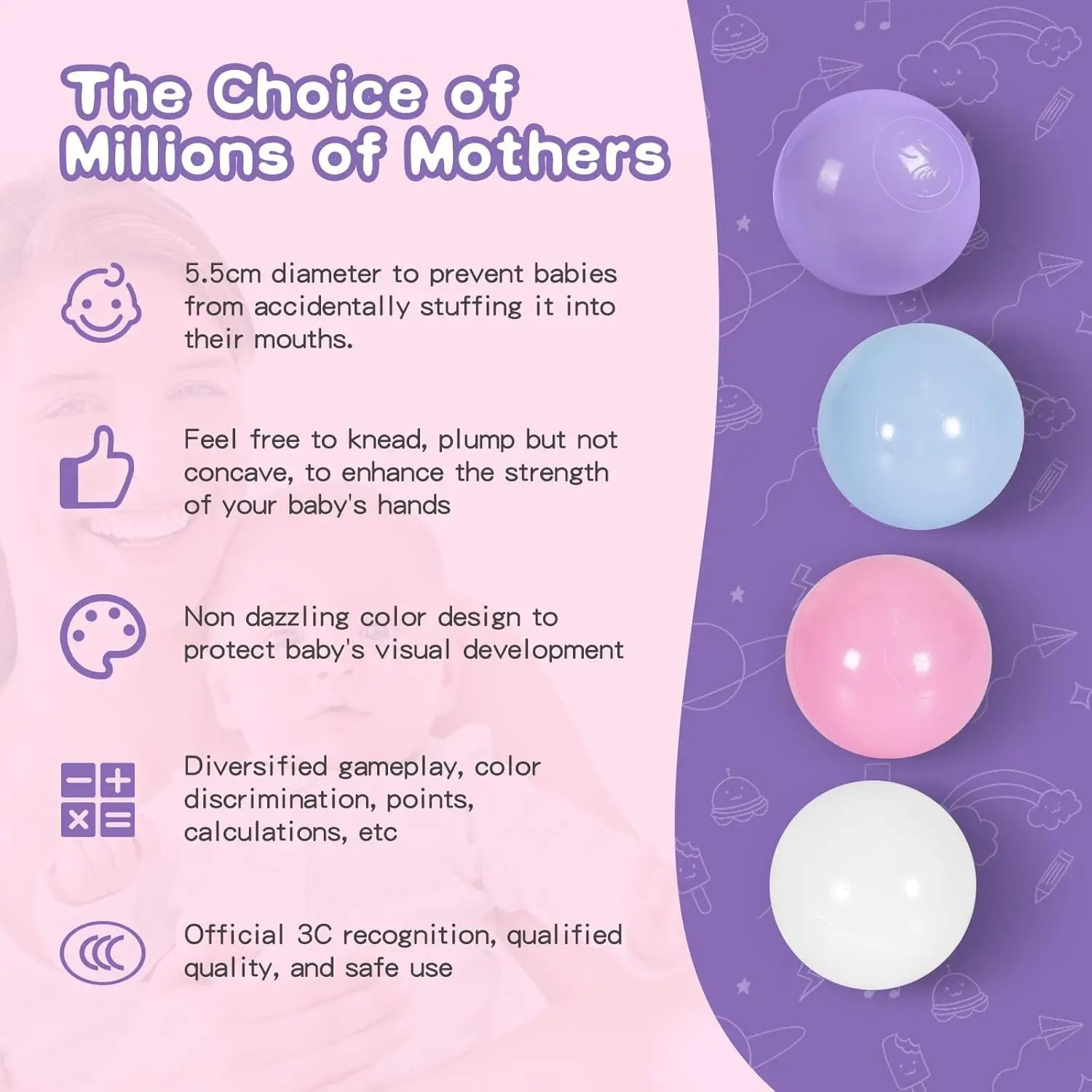 Ball Pit Balls 100 - Macaron Couleurs Boules pour Ball Pit, Play Tent Baby Playhouse Piscine Décoration de fête d'anniversaire (B-Violet, Rose,