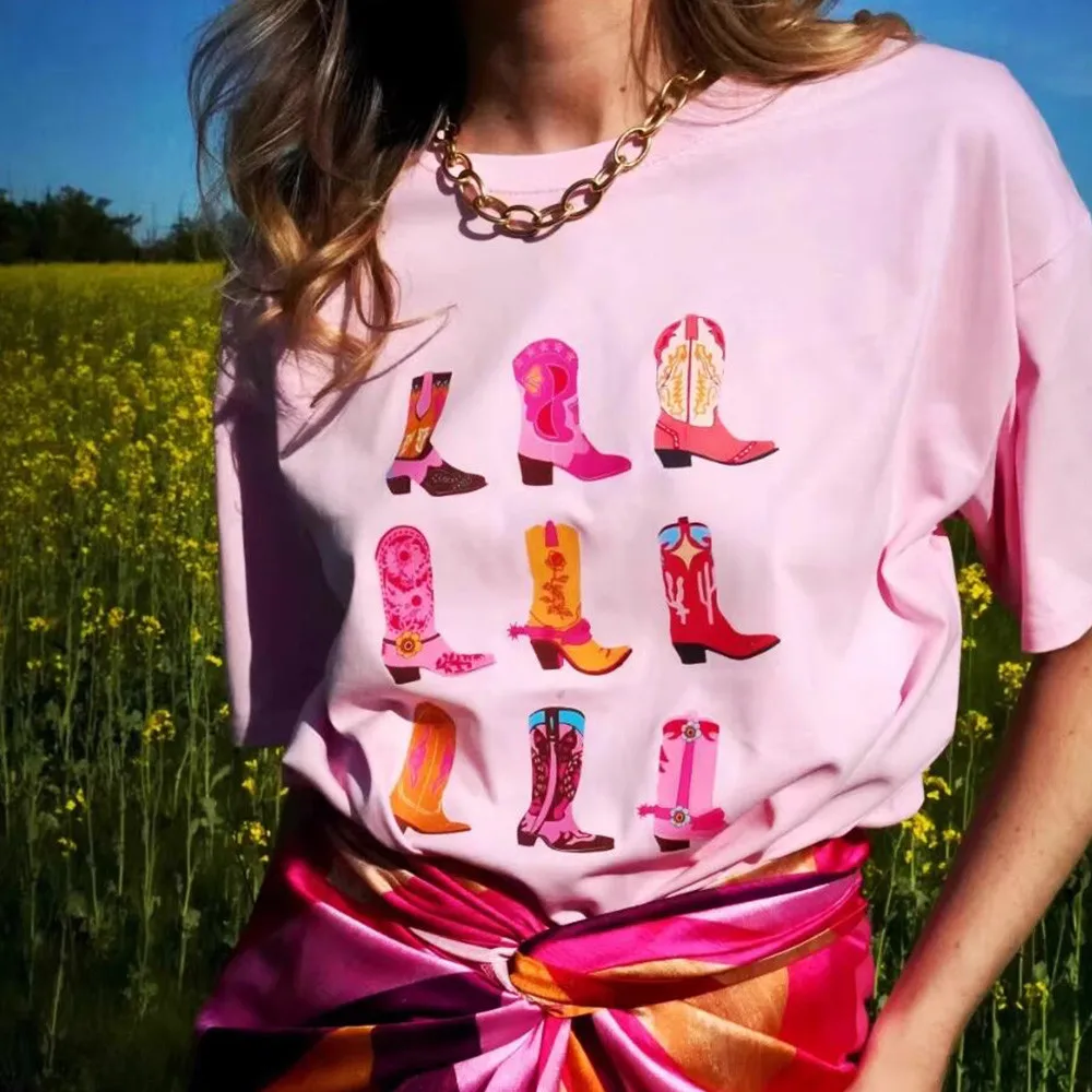 

American Vintage Style Cowgirl Boots Printing Western Fashion T Shirt Female Summer Pink Short Sleeve Loose Casual Tops Tees