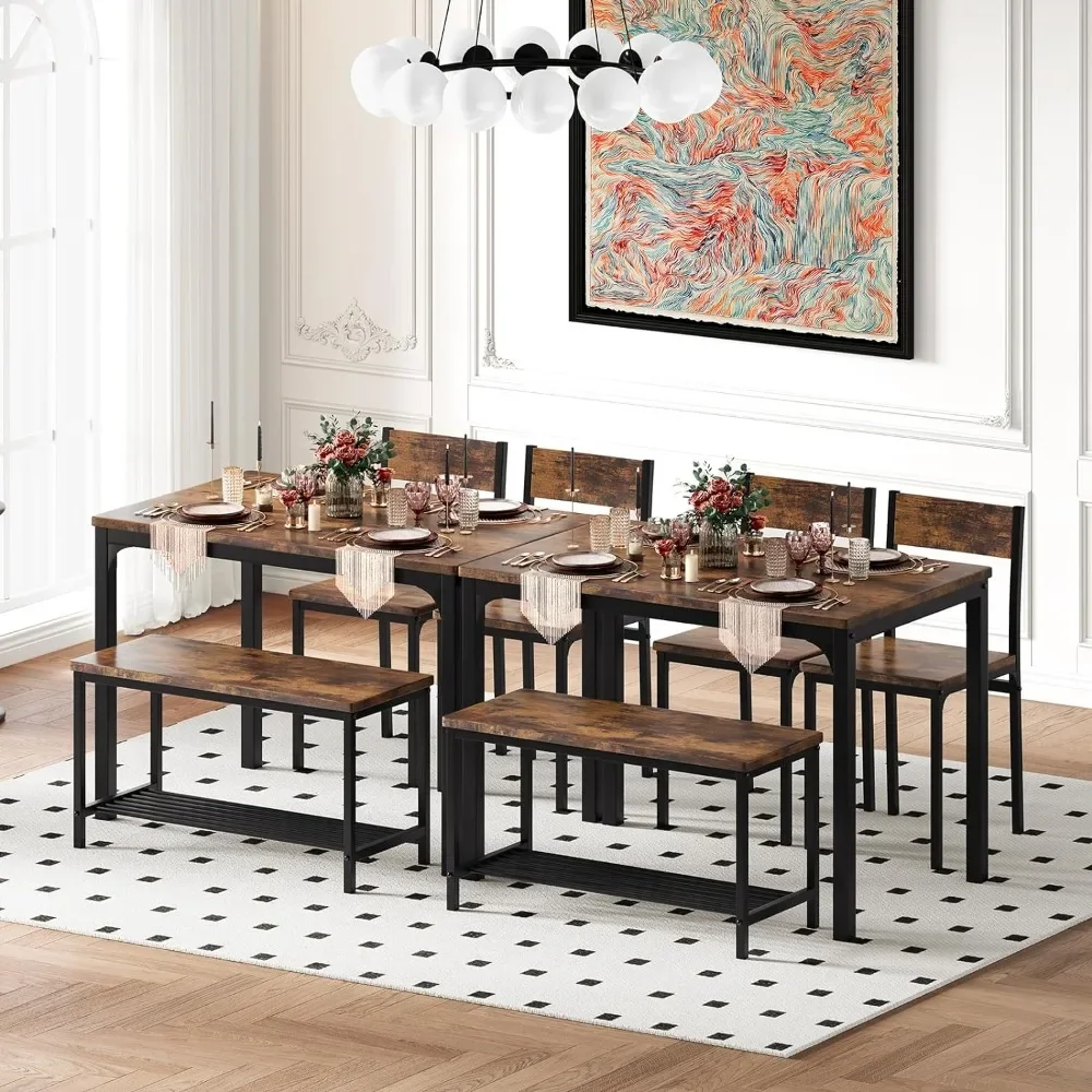 Dining Table Set for 4, Small Kitchen Table and Chairs for Space Saving, 1 Bench with Storage and 2 Chairs with Backrest