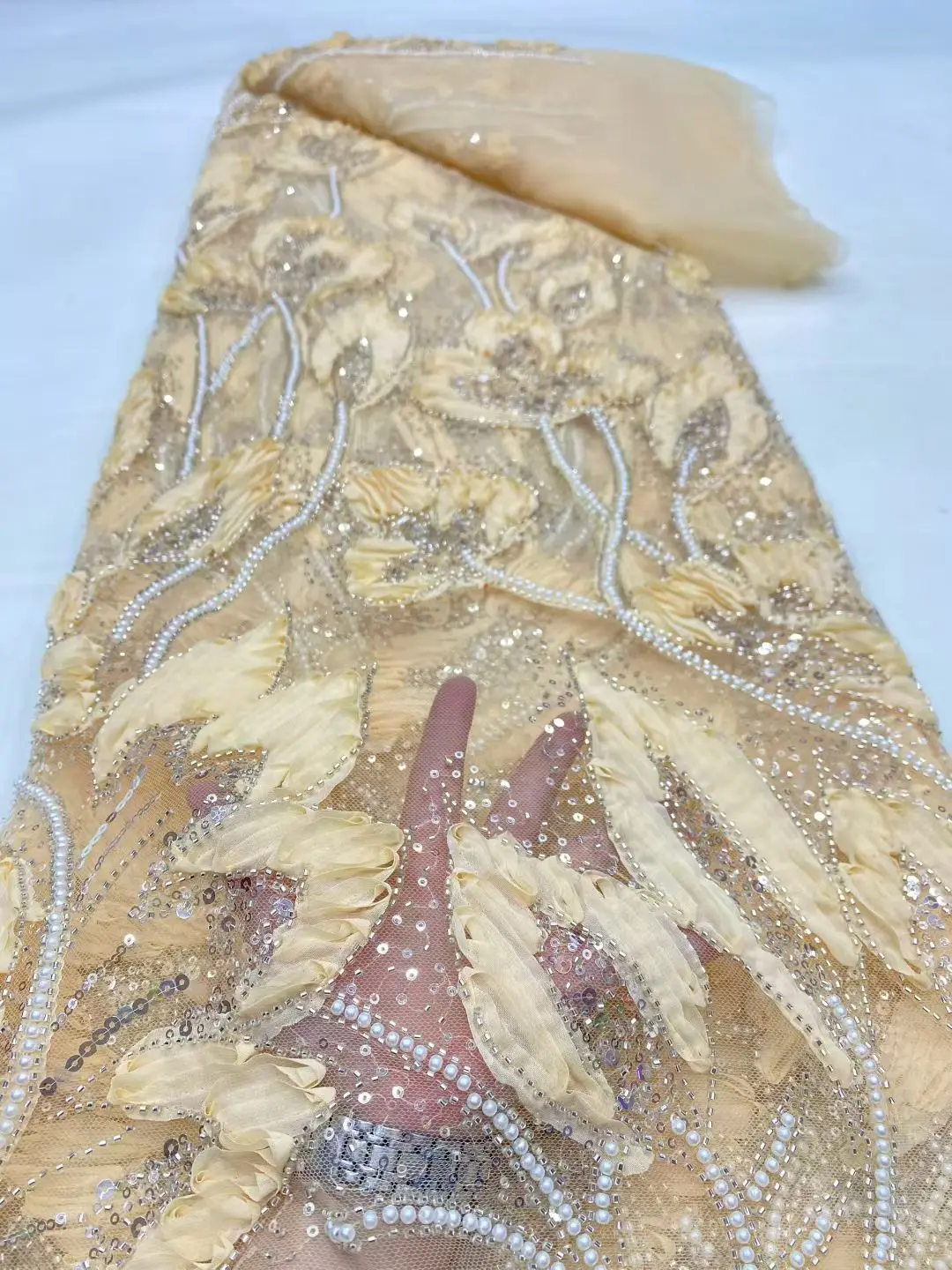 

Nigerian Sequins 2025 High-Quality Tulle Lace Fabric Embroidery African Net Cloth for Prom Dresses Beads 5 Yards DP0487