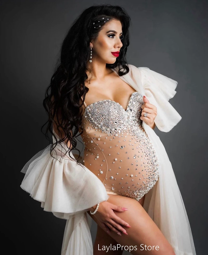 Maternity Photography Goddess Rhinestones Pearls Luxurious Stretch Jumpsuits Pregnancy Dress for Women Photo Shoot Props Fabric