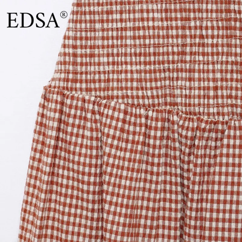 EDSA – robe mi-longue vichy pour femmes, col rond, sans manches, taille haute, smockée, extensible, longue, vacances d'été