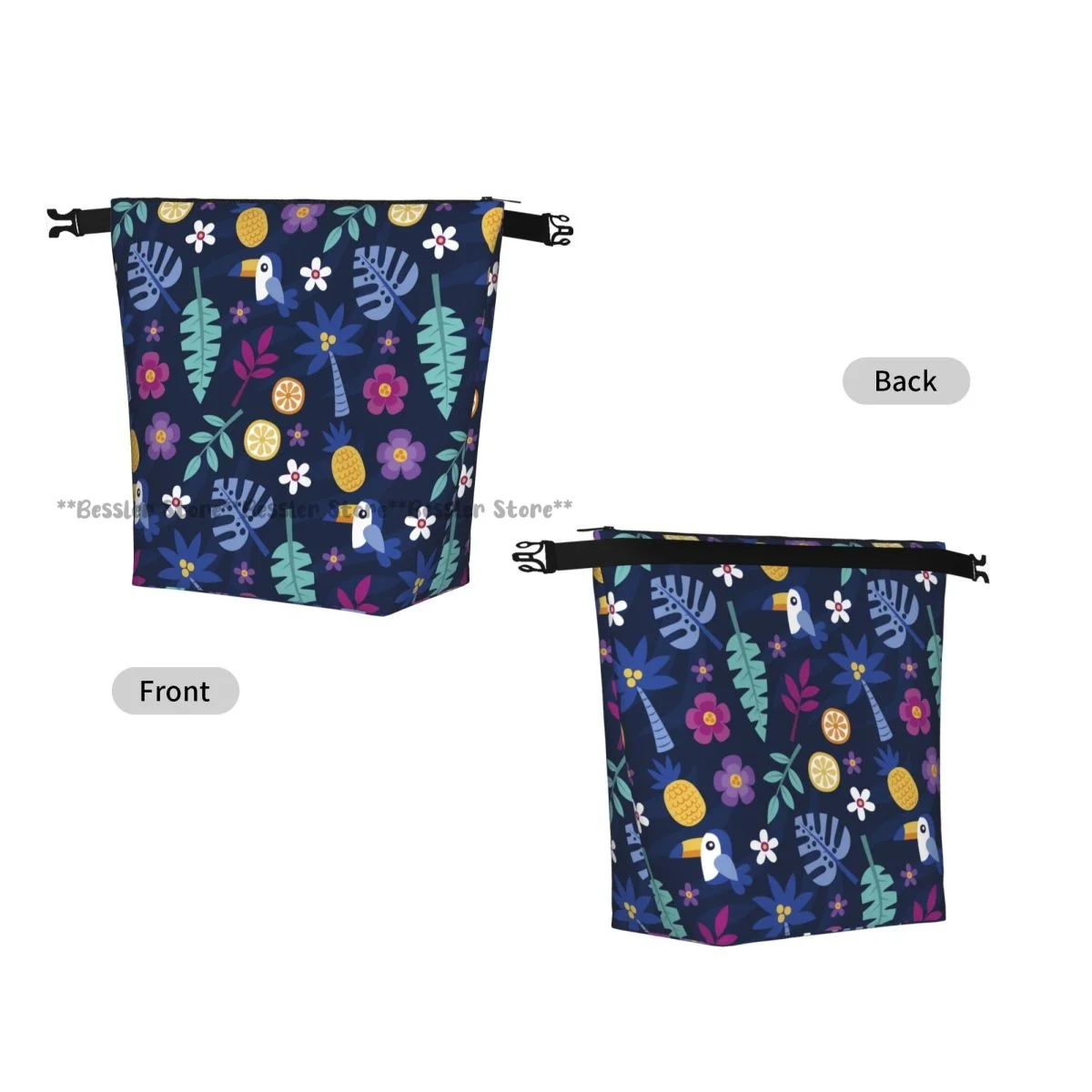 Roll Top Insulated Lunch Bag Tropical Flower Leaves Thermal Food Storage Bag Portable Bento Handbag for Daily Use