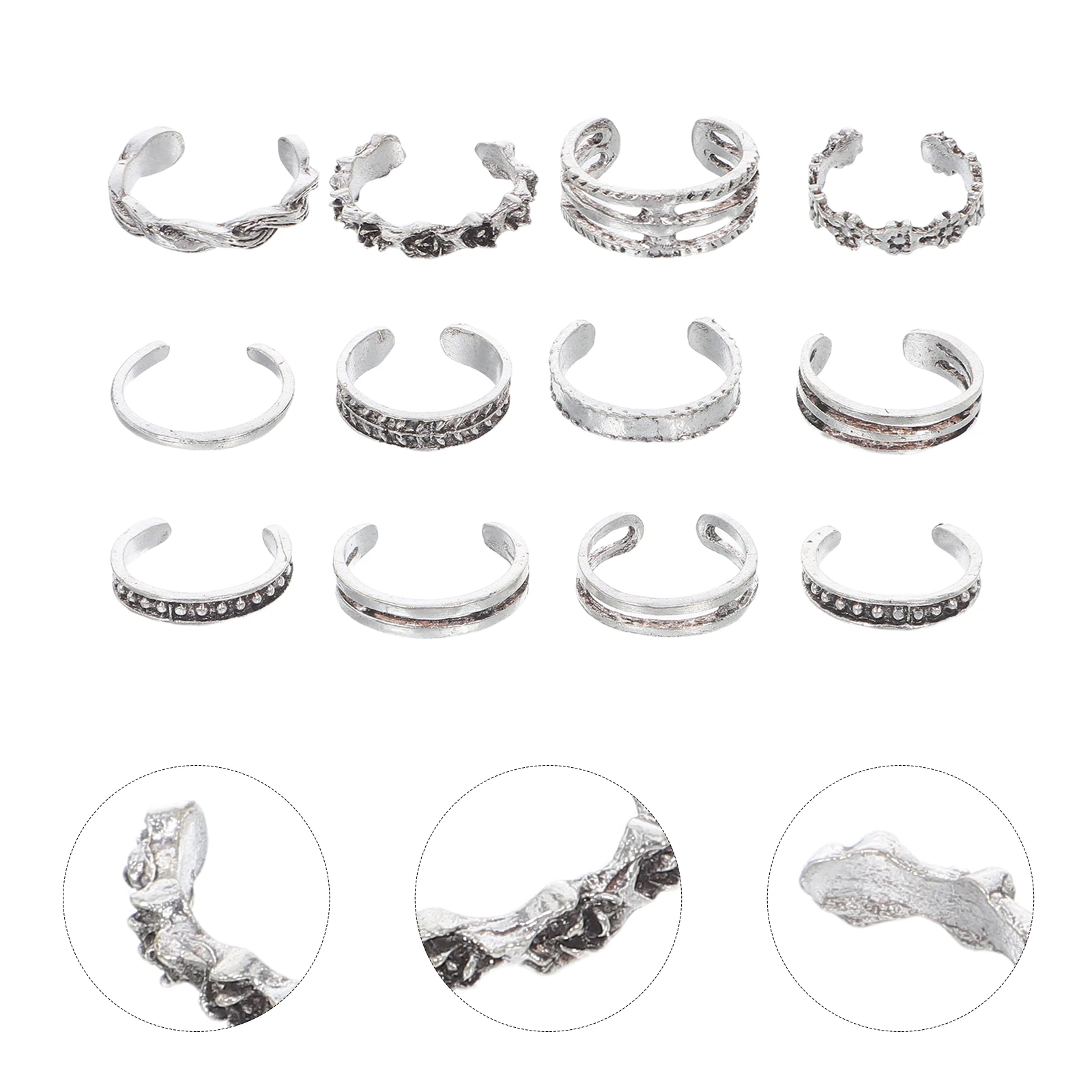 Set di 12 anelli per dita dei piedi regolabili da donna, gioielli per piedi alla moda vintage, accessori alla moda intagliati retrò, regalo perfetto