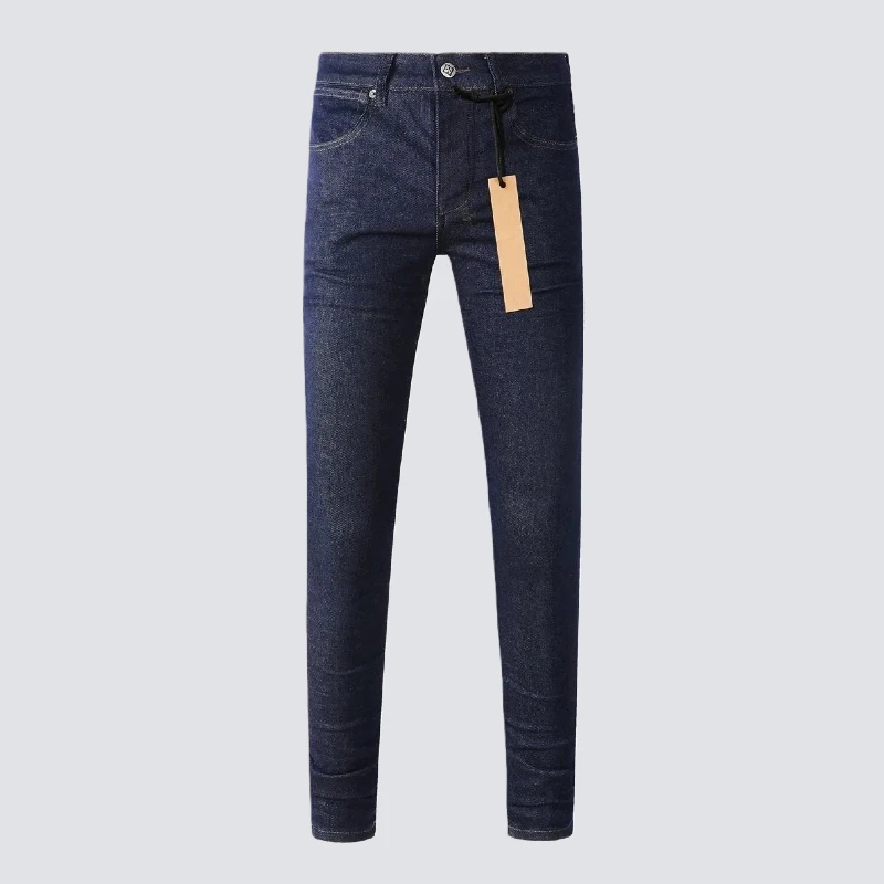 Jeans High Street blu scuro da uomo in ottone con lettere ricamate Pantaloni skinny slim fit micro-stretch Pantaloni alla moda per tutti i fiammiferi