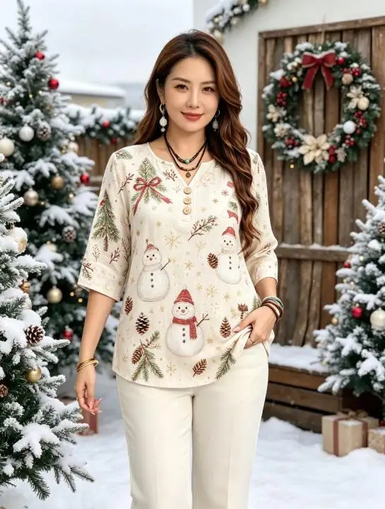 Cute Christmas Element All Over Print Women Blouse 3/4 Sleeve Notch V Neck Decor Button Winter Holiday Tops