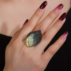 YEEVAA 1pc Labradorite Natural Stone Ring 14k Gold Plated Adjustable Cuff Ring Cocktail Party Decor (uncertain Shapes)