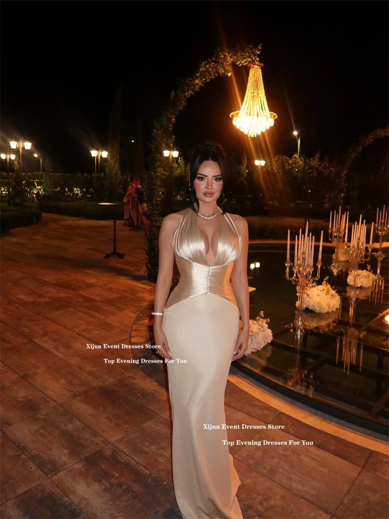 Xijun مثير الشمبانيا حورية البحر فساتين السهرة الرسن أكمام الخامس الرقبة فساتين لحضور الحفلات الموسيقية الرسمية العربية السعودية فساتين حفلات طويلة تخصيص