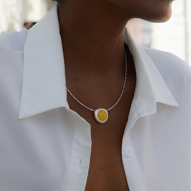 Natural Amber S925 Silver Pendant Necklace For Women Yellow Stone Geometric Chic Sparkling Chain Luxury Necklaces 2023 New Gift