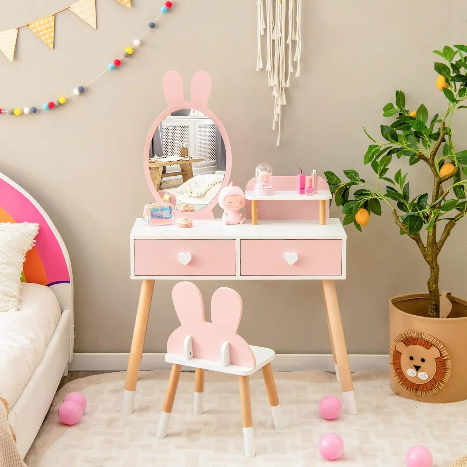 

Kids Vanity Set, 2 In 1 Wooden Princ Makeup Table And Chair With Mirror Storage Drawers Shelf, For Little Girls, Rabbit Themed