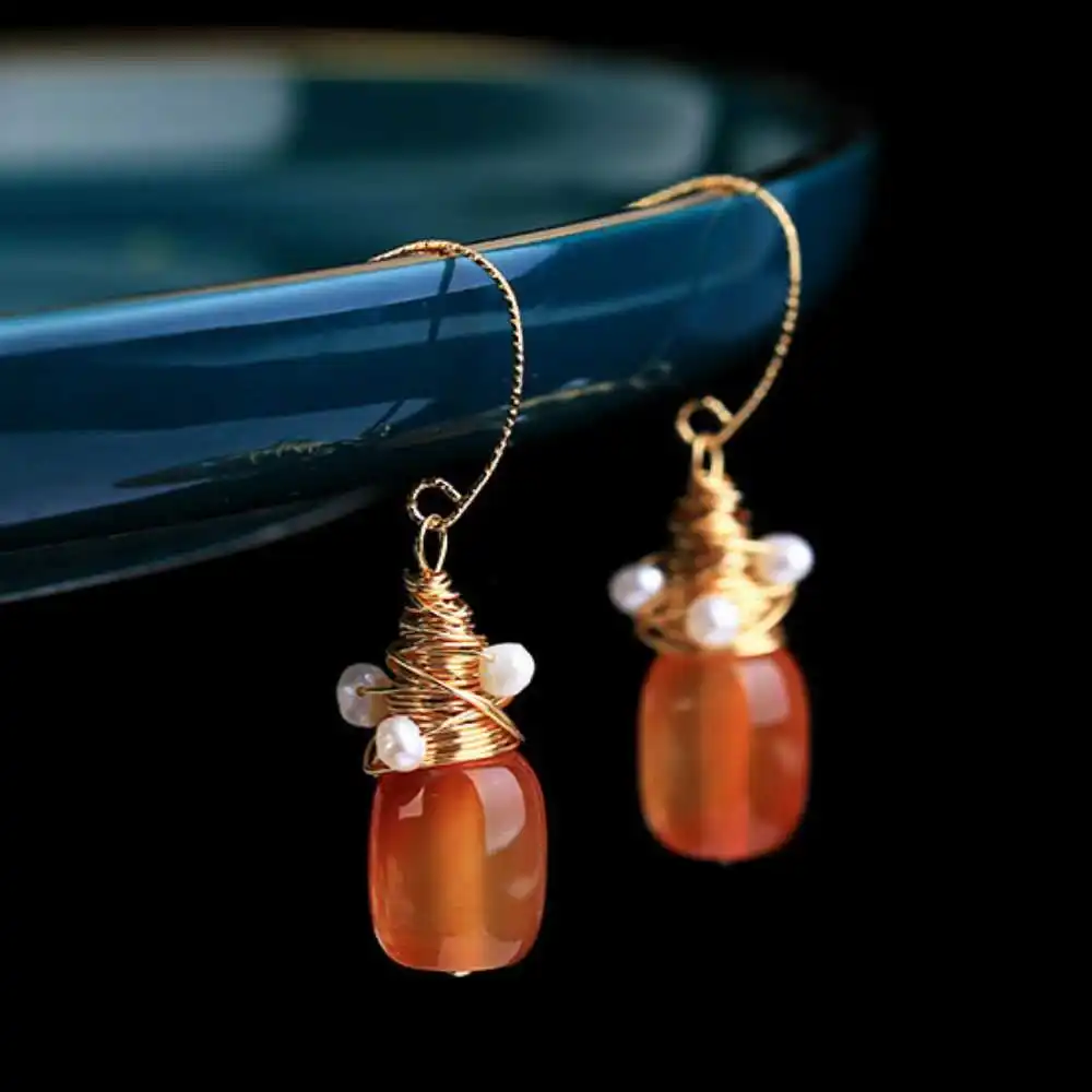 New Natural Red Agate bucket beads Earrings Rice pearls Classic New Party Aquaculture