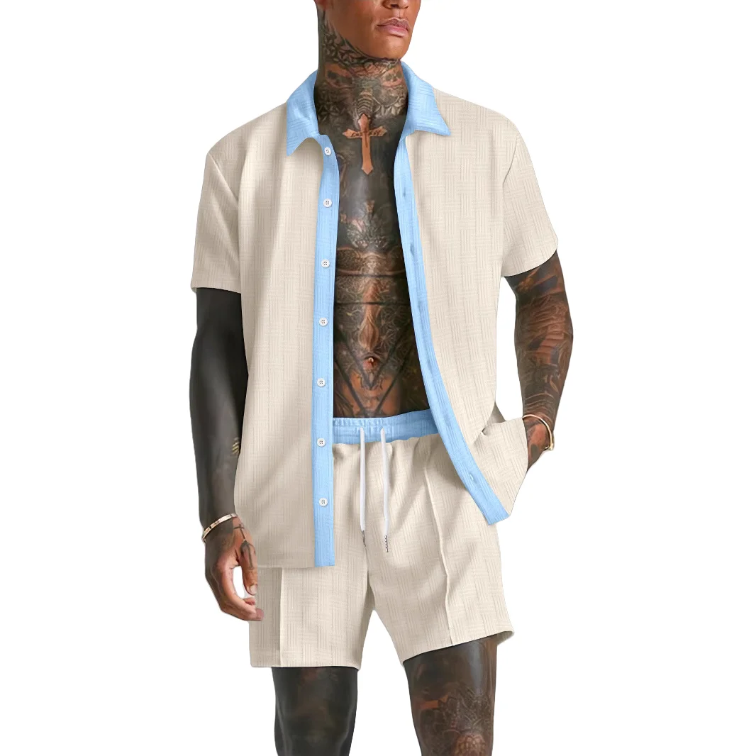 Men's Summer Casual Beach Set Fashionable Comfortable Jacquard Lapel Color-Matching Sleeveless Shirt And Shorts Two-Piece Ensemb