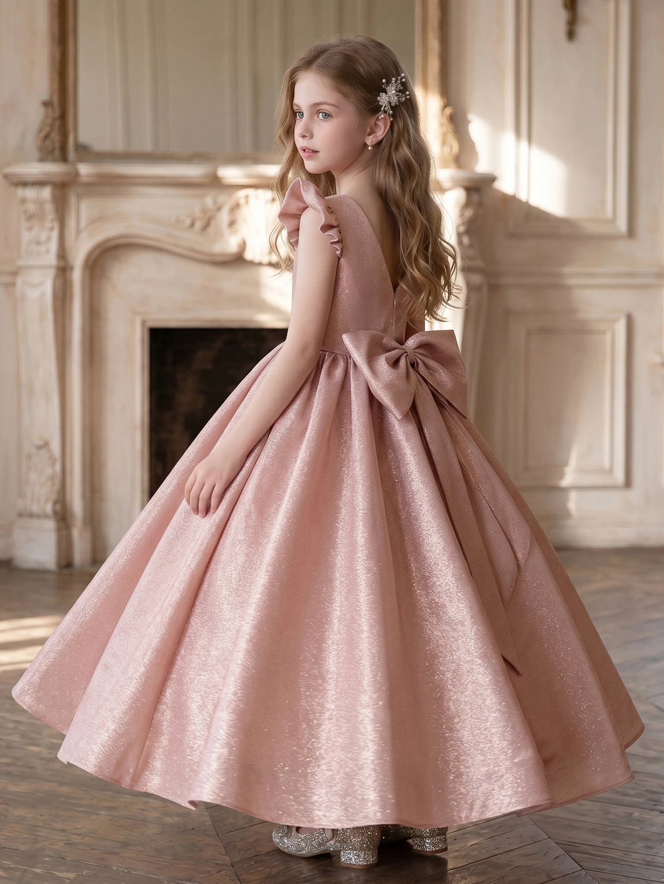 Pink Princess Dress Prom Party Formal Dress with Bow Decorations, Suitable for Birthday Parties, Weddings, Bridesmaids' Gowns