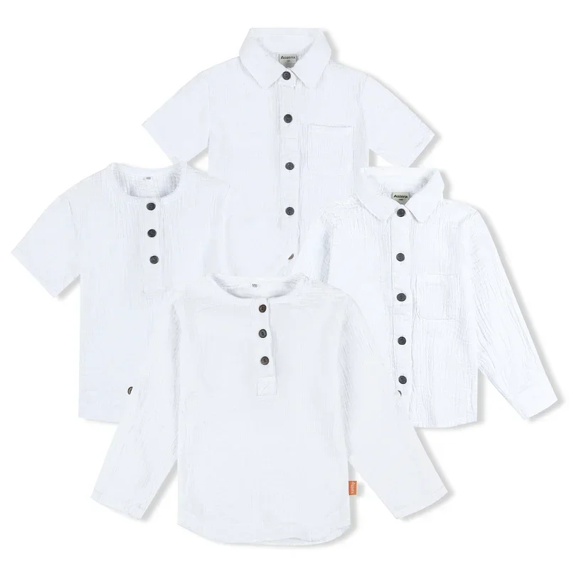 Linen Cotton White Shirts 2024 Boys Girls Summer T-Shirts New Toddler Comfortable Tops Tee Children Clothing Kids Button Blouse