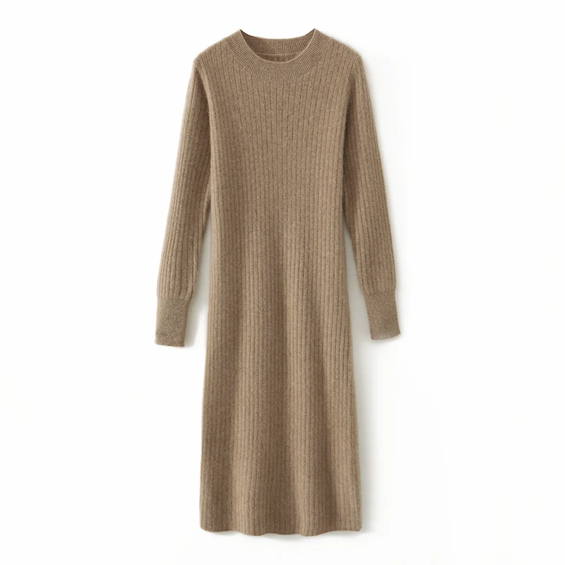 2023 Winter Cashmere Dresses Hot Sale 100% Pure Wool Knitted O-neck Sweater Women Long Sleeve Standard Knitwear