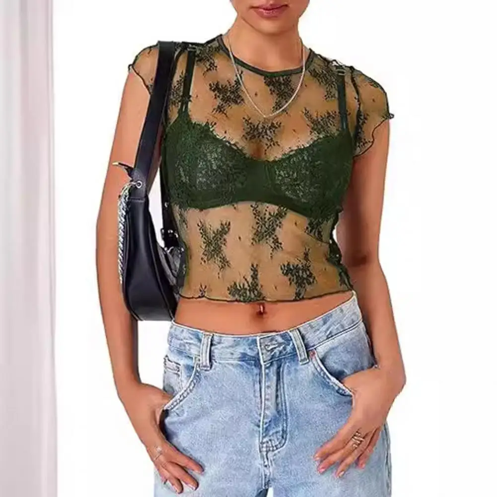 

Lace Hem Short-sleeve Top Sexy Lace See Through Mesh Crop Top for Women Breathable Short Sleeve Blouse Ideal for Parties Summer