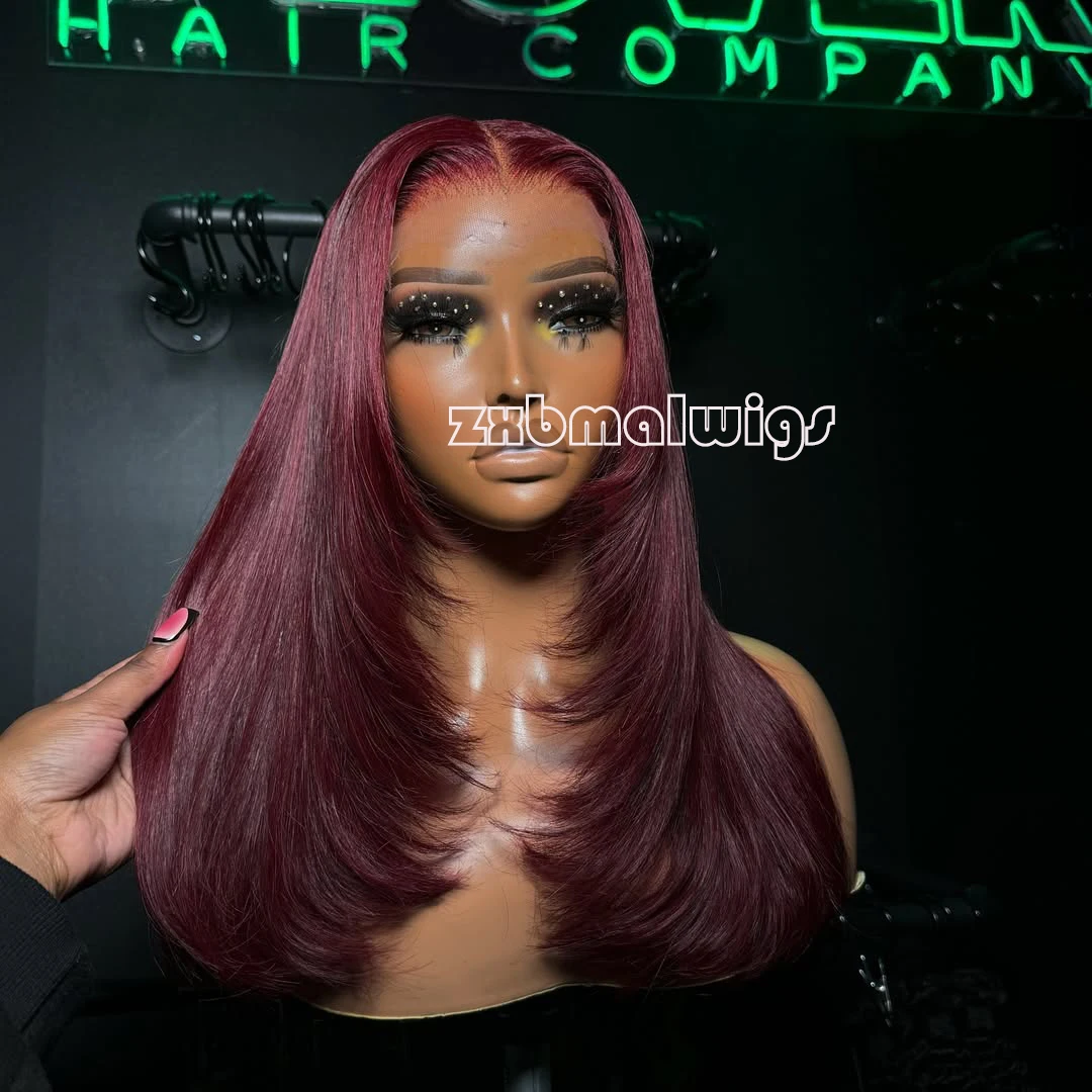 ZXBMALWIGS Layer Straight Synthetic Hair Burgundy 13X4 Lace Front Wigs for Women  High Temperature Fiber Lace Wigs Daily Cosplay