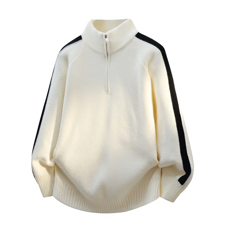 Vintage Preppy Half-Zip Sweater for Men Contrast Stripe Knit Pullover Korean Minimalist Men Women Warm Knitwear