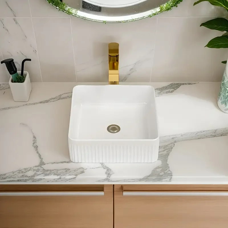 Elegant Silver Ceramic Vessel Sink, Square Design Ceramic Wash Basin - Ideal for Modern Bathroom Fixtures, Suitable for Dressing Rooms, Vanities, and Bathrooms