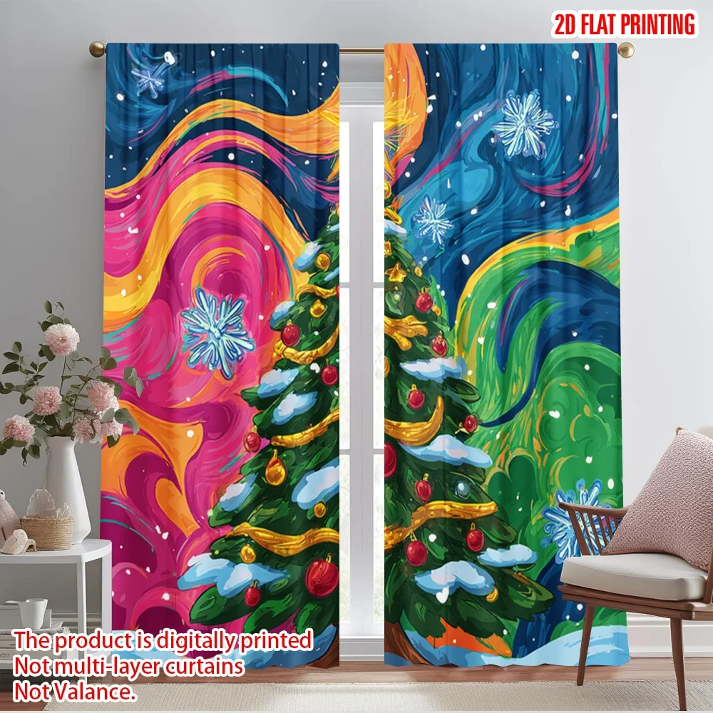

2pcs 2D flat printing Curtain Christmas Tree Snowflakes Aurora Fabric Without Electricity Festive Curtains Use for Festive Wall