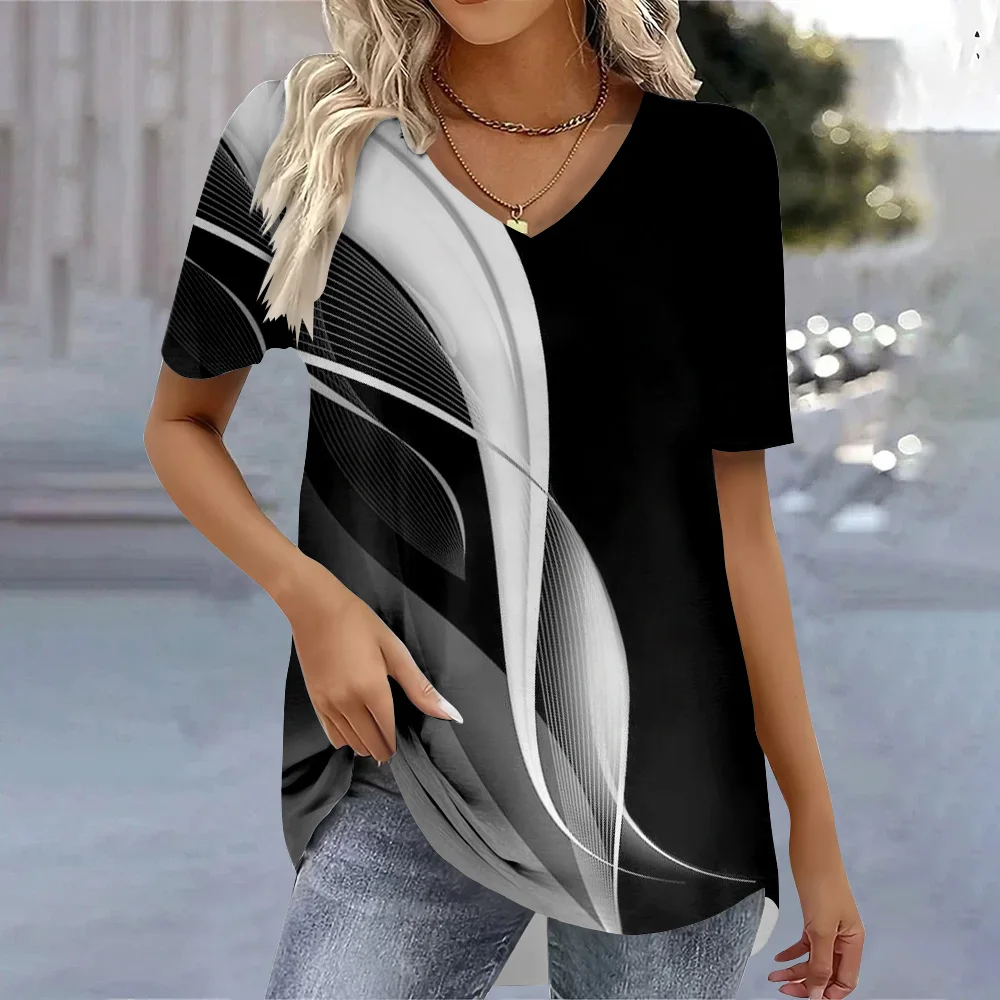 

Women's Oversized V-neck T-shirt 3D Stripe Printed Tees Summer Fashion Top Blouse Female Clothing 2025 Trendy Women's T-Shirts