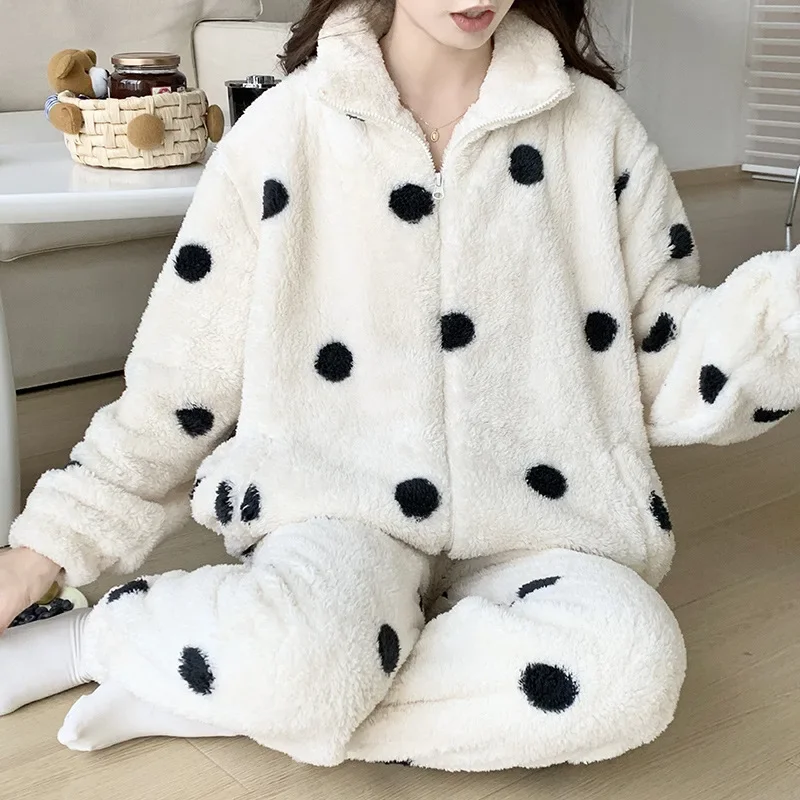 Furry Flannel Turtleneck Zipper Sleepwear Winter Women 2PCS Pajamas Set Loungewear Trouser Suit Print Dot Coral Fleece Homewear