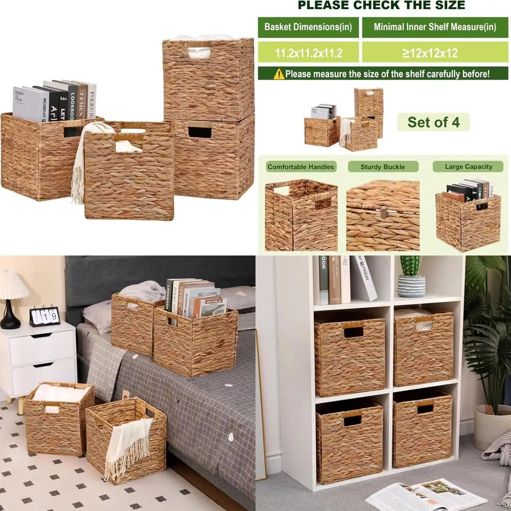 

Wicker Storage Cubes 11.2x11.2x11.2inch Cube Baskets Set of 4 Pcs,Collapsible Water Hyacinth Baskets,Handwoven Storage Baskets f