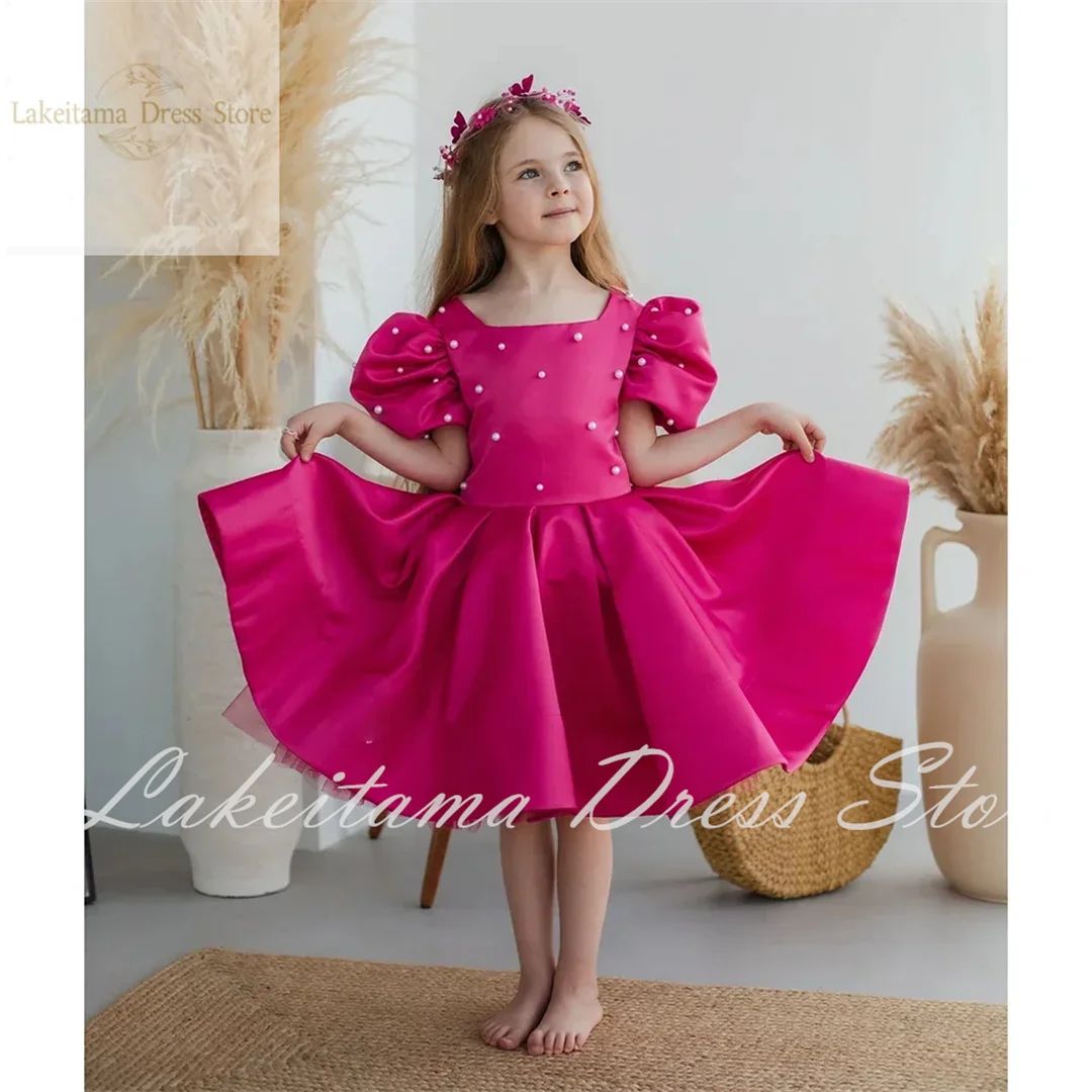 Rose Pink Satin Flower Girl Dress For Wedding Knee Length With Pearls Puffy Short Sleeves Kids Birthday Party Pageant Ball Gown