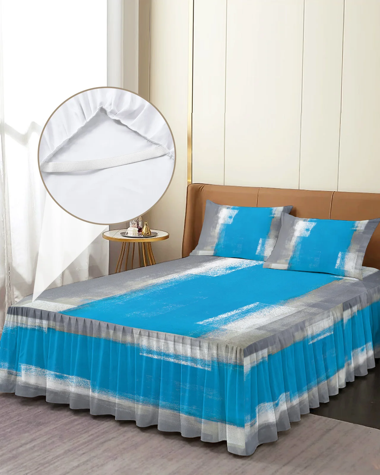 Blue Gray Abstract Art Oil Painting Texture Bed Skirt Fitted Bedspread With Pillowcases Mattress Cover Bedding Set Bed Sheet