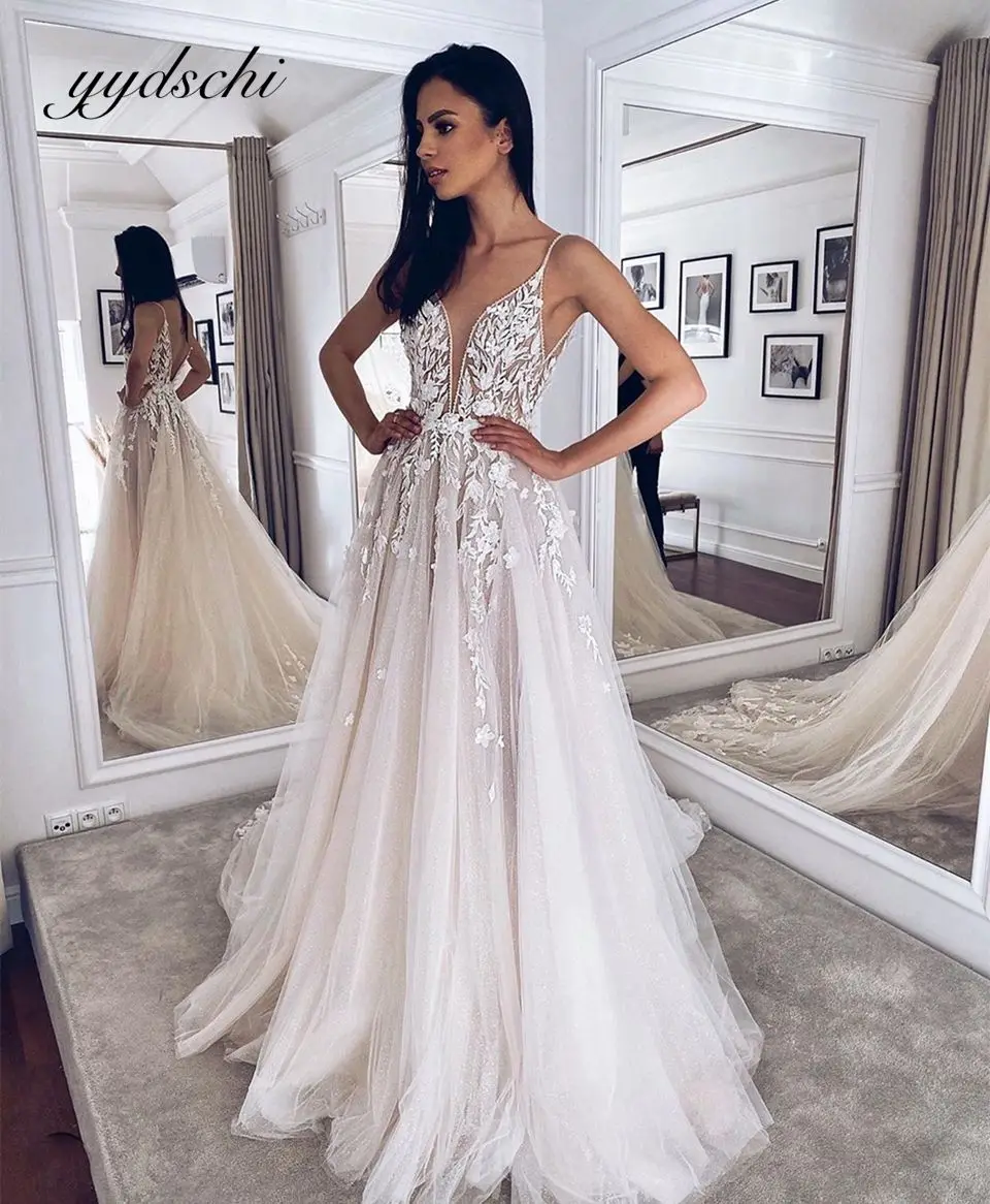 2022 branco com decote em v alças de espaguete vestido de casamento para as mulheres tule rendas apliques vestido de noiva sexy sem costas vestidos de novia