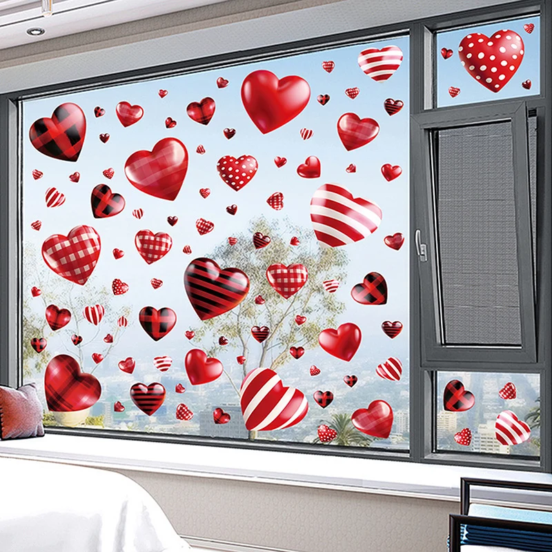 Valentine’s Day Window Clings Cute Plaid Dots Stripes Heart Window Stickers Glass Decorations for Home