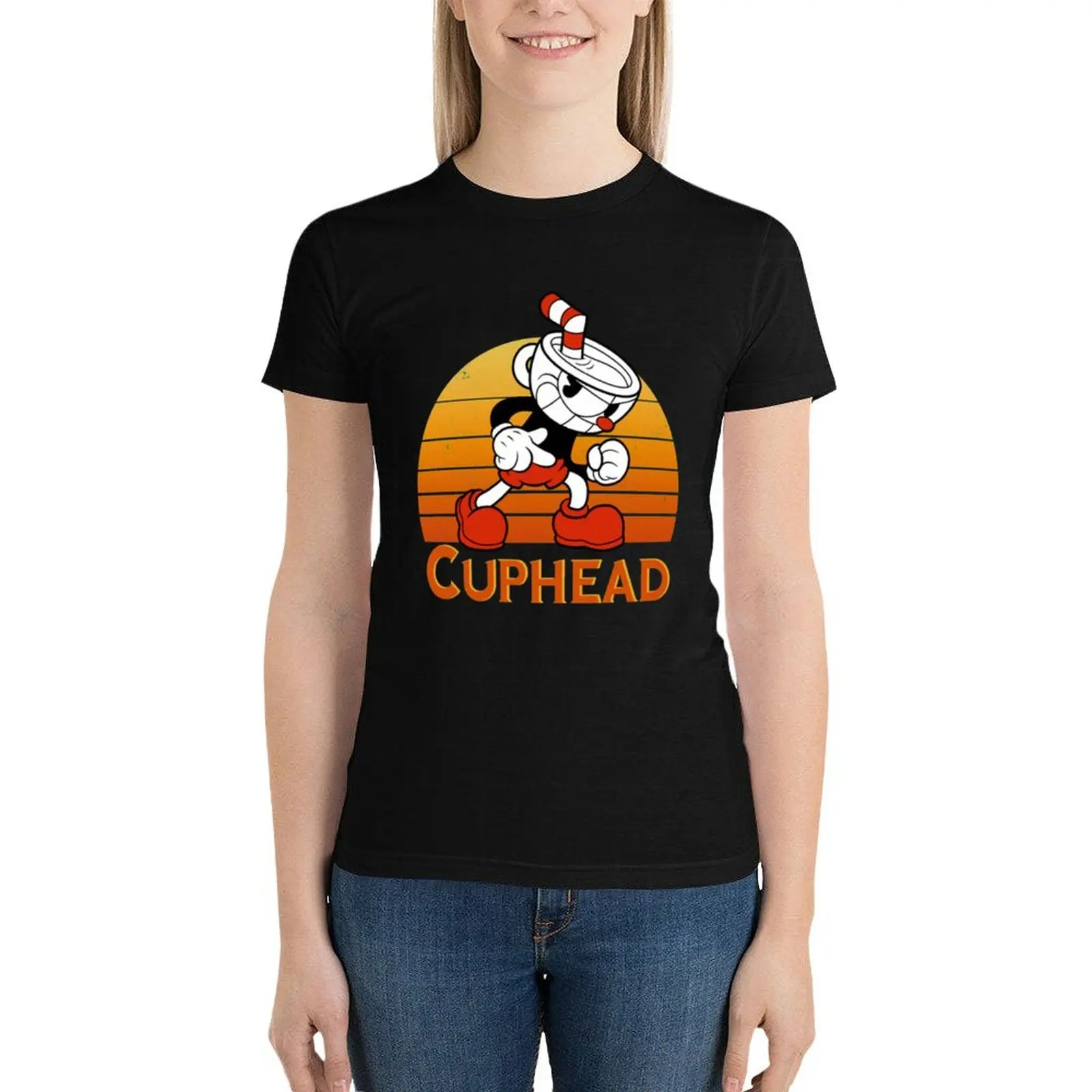 Cuphead Vintage Sunset T-Shirt summer tops anime clothes funny white t-shirt dress for Women sexy