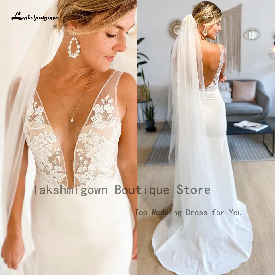 Sexy Bridal Dress Robe Satin Mermaid Wedding Gowns for Women 2025 Abito Da Sposa Deep V neck Formal Dresses Open Back