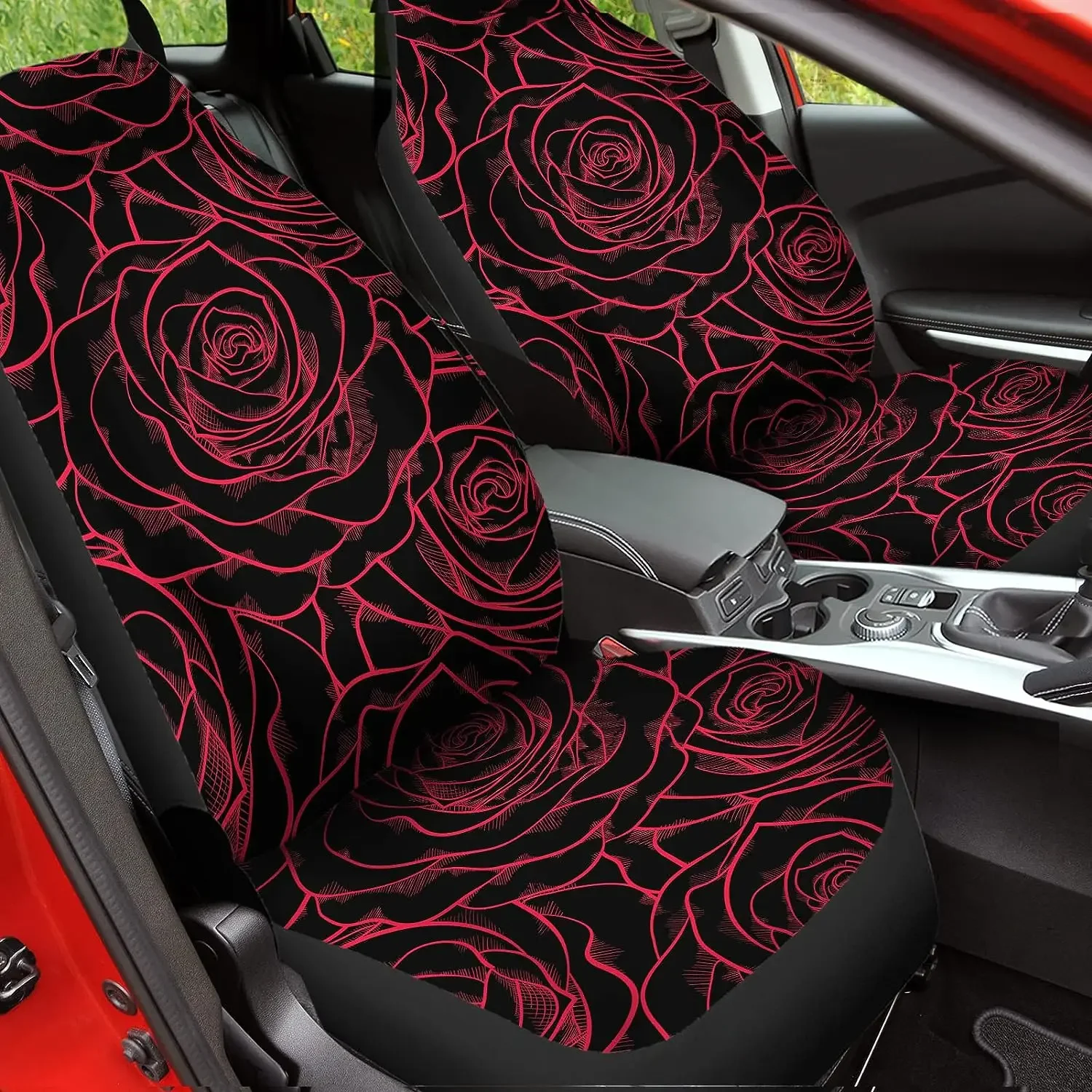 

Print Red Rose Flowers Line Design Car Seat Covers Set for Womens Mens 2pcs Paisley Flower Style Auto Front Seat Protector