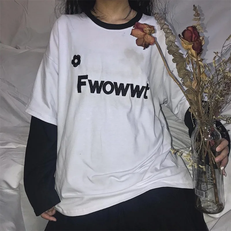 

Women's Long Sleeve Top Y2k T-shirt Women Fake 2 Piece Funny Print Japanese Harajuku Shirt Streetwear Women's T-shirt with Print