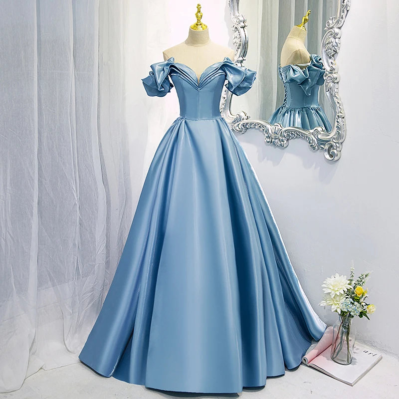 

Ruched Pleats Evening Dresses Blue A-Line 2023 Fashion Stretchy Satin Prom Gowns Elegant Custom Sizes made