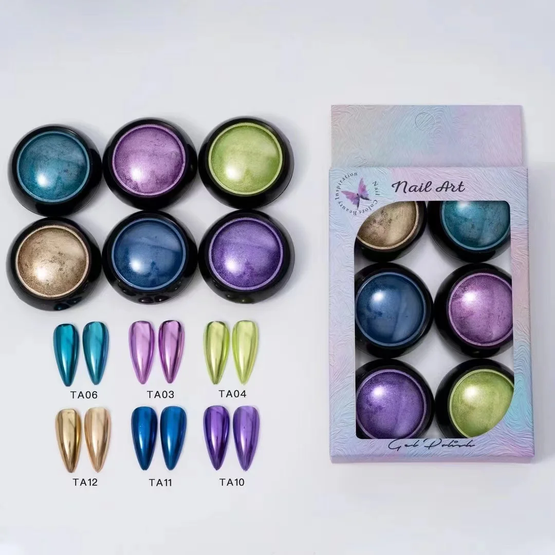 Pó Espelho Mágico para Nail Art, Ouro, Prata, Antiguidade, Cobre, Esfregando Brilhante, Glitter, Flocos de Pigmento, Metálico, Cromo, 6 Pcs