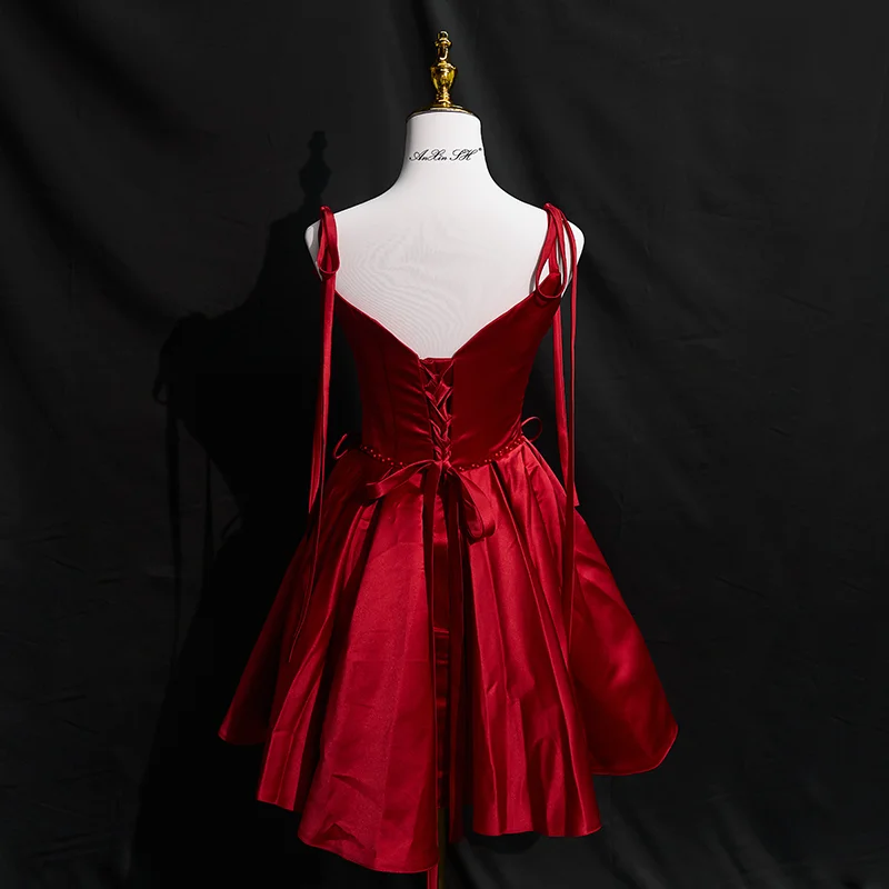 AnXin SH princess wine red satin spaghetti strap sleeveless beading bow lace up short customized evening dress Little red dress